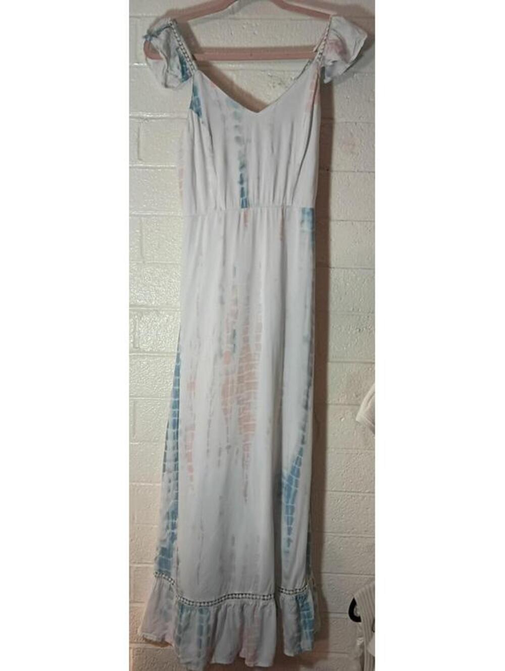 Japna Tie Dye Maxi Dress White Blue Pink Smocked Ruffle Puff Sleeve Size M